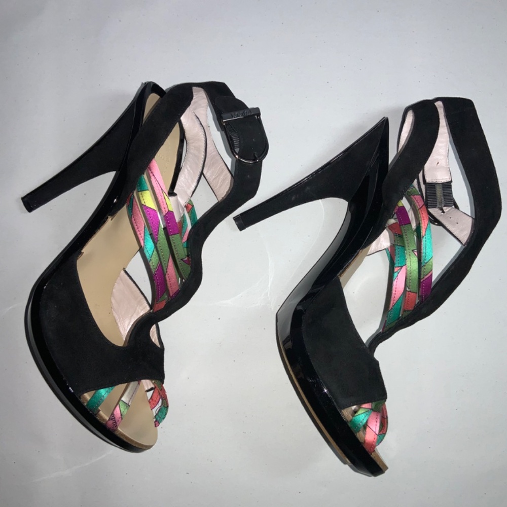 Emilio Pucci Black cage heels Sz 38 /7.5 multicolor satin accents Suede - Picture 2 of 6
